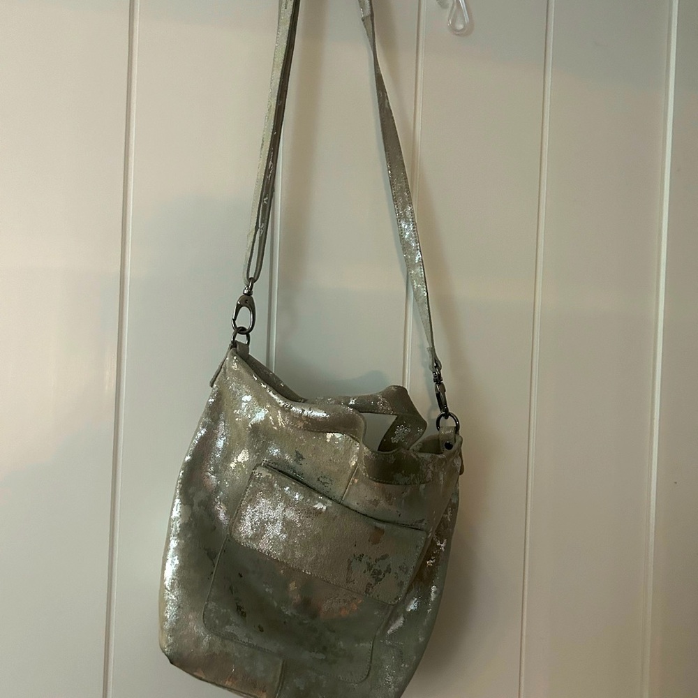Latico Leather crossbody/tote in metallic silver.